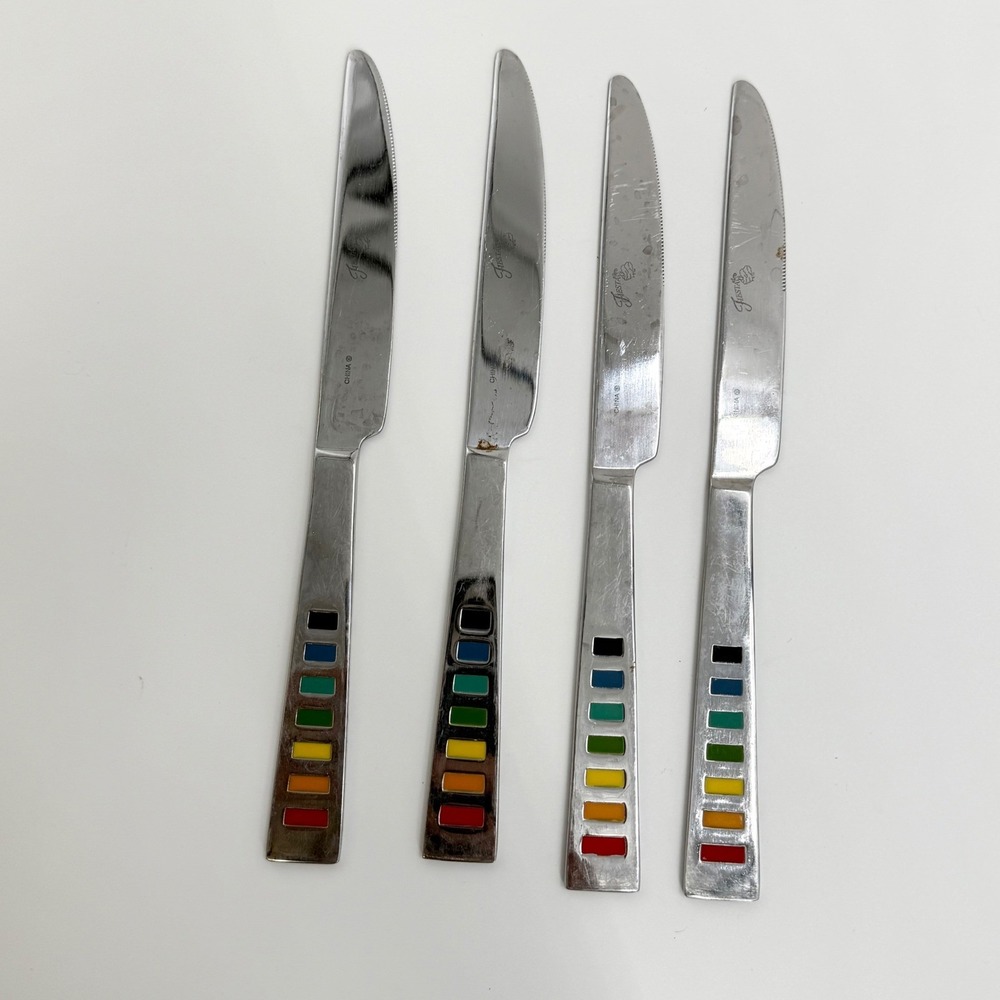4‎ Fiestaware Celebration Stainless Dinner Knives Rainbow Inlay Flatware - Picture 2 of 4